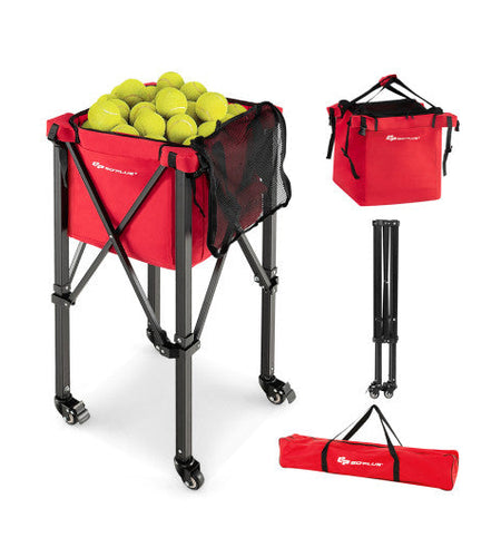 Lightweight Foldable Tennis Ball Teaching Cart with Wheels and Removable Bag-Red