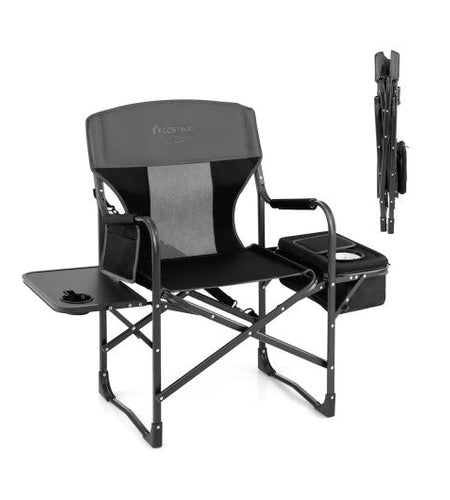 Folding Camping Directors Chair with Cooler Bag and Side Table-Black