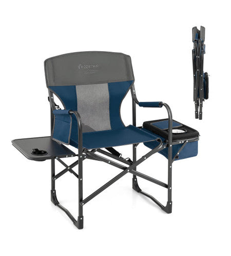 Folding Camping Directors Chair with Cooler Bag and Side Table-Blue