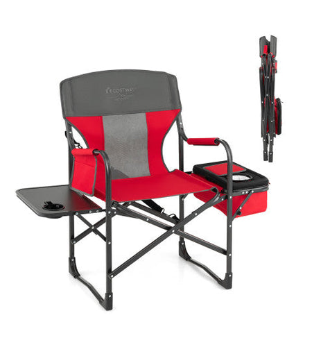 Folding Camping Directors Chair with Cooler Bag and Side Table-Red