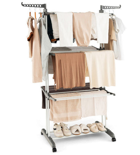 4-tier Clothes Drying Rack with Rotatable Side Wings and Collapsible Shelves-Gray