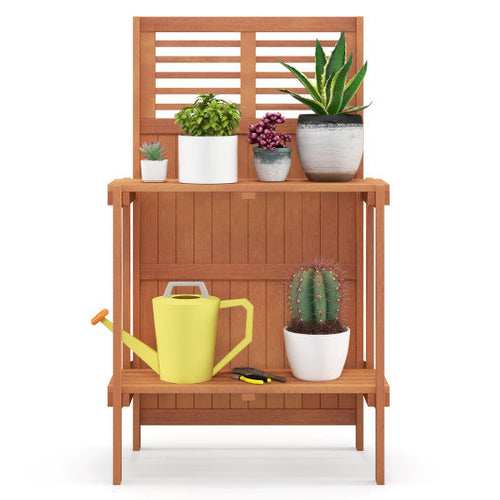 Load image into Gallery viewer, Folding Garden Potting Bench with 2-tier Storage Shelves and Teak Oil Finish for Garden Yard Balcony
