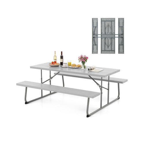 Load image into Gallery viewer, Folding Picnic Table Set with Metal Frame and All-Weather HDPE Tabletop  Umbrella Hole-Gray
