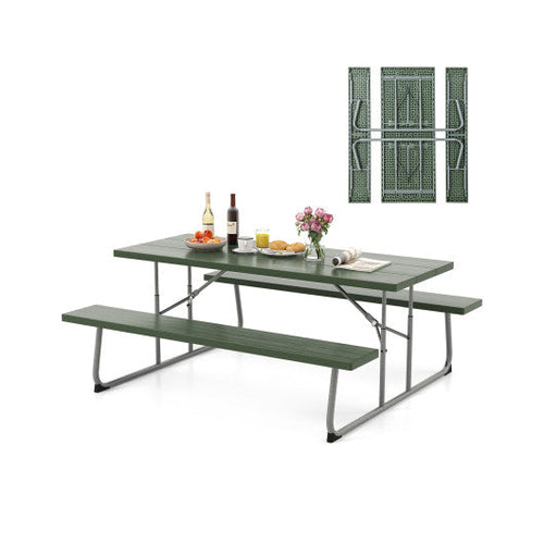 Load image into Gallery viewer, Folding Picnic Table Set with Metal Frame and All-Weather HDPE Tabletop  Umbrella Hole-Green
