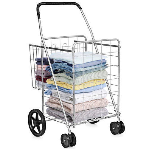 Load image into Gallery viewer, Folding Shopping Cart for Laundry with Swiveling Wheels and Dual Storage Baskets-Sliver
