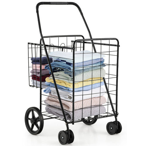 Load image into Gallery viewer, Folding Shopping Cart for Laundry with Swiveling Wheels and Dual Storage Baskets-Black
