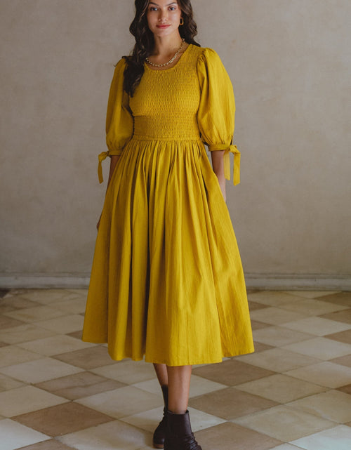 Load image into Gallery viewer, Freya Smocked Linen Midi Dress by ELF
