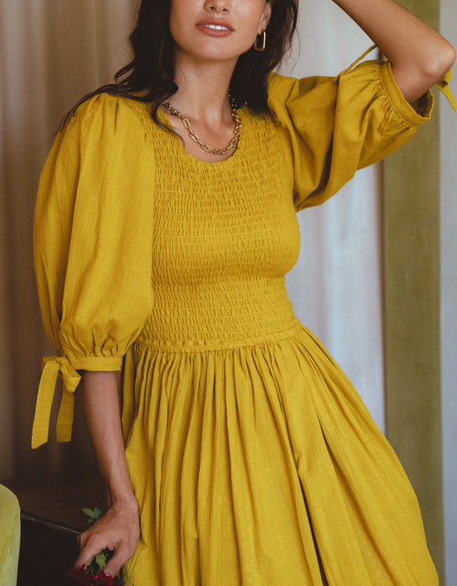 Load image into Gallery viewer, Freya Smocked Linen Midi Dress by ELF
