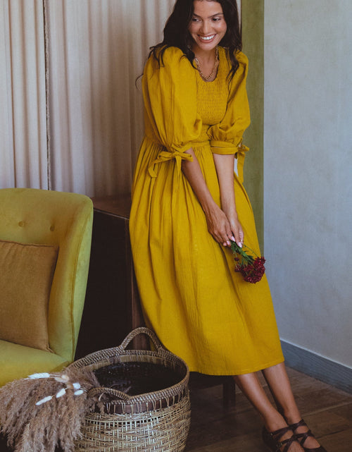 Load image into Gallery viewer, Freya Smocked Linen Midi Dress by ELF
