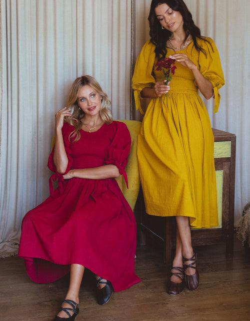 Load image into Gallery viewer, Freya Smocked Linen Midi Dress by ELF
