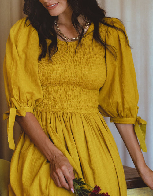 Load image into Gallery viewer, Freya Smocked Linen Midi Dress by ELF
