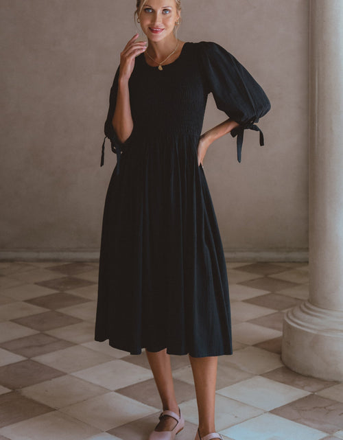 Load image into Gallery viewer, Freya Smocked Linen Midi Dress by ELF
