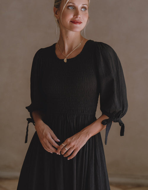 Load image into Gallery viewer, Freya Smocked Linen Midi Dress by ELF
