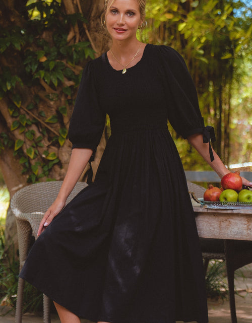 Load image into Gallery viewer, Freya Smocked Linen Midi Dress by ELF
