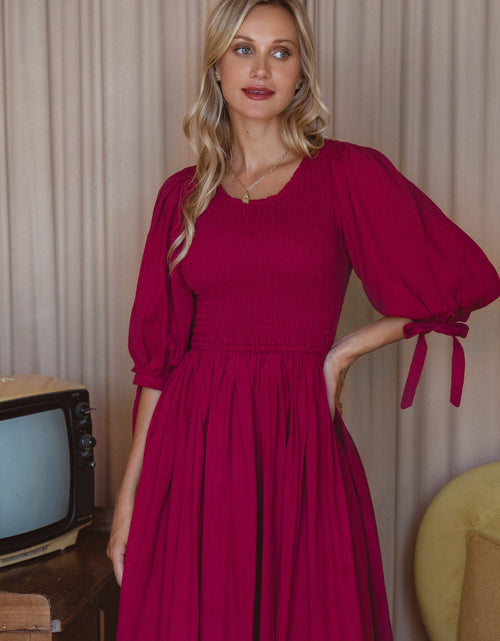 Load image into Gallery viewer, Freya Smocked Linen Midi Dress by ELF
