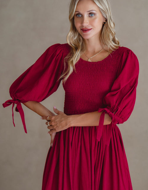 Load image into Gallery viewer, Freya Smocked Linen Midi Dress by ELF
