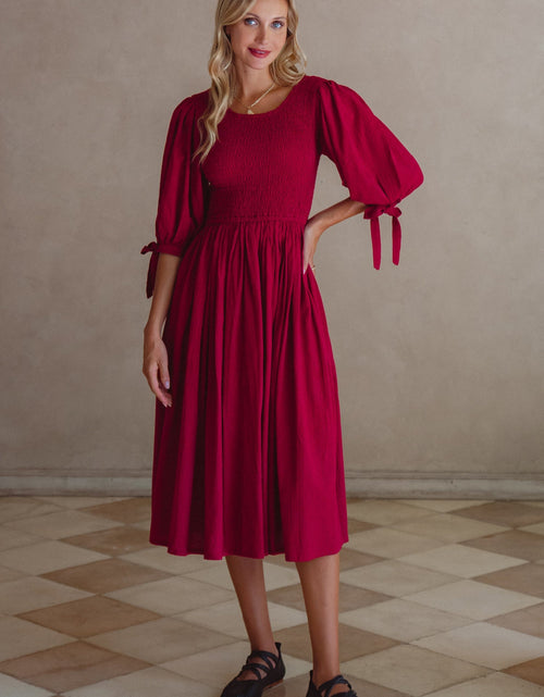 Load image into Gallery viewer, Freya Smocked Linen Midi Dress by ELF

