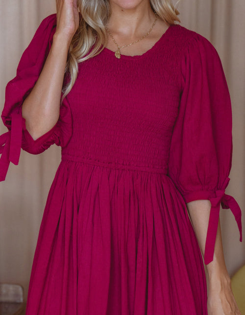 Load image into Gallery viewer, Freya Smocked Linen Midi Dress by ELF
