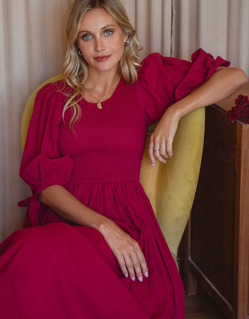 Load image into Gallery viewer, Freya Smocked Linen Midi Dress by ELF
