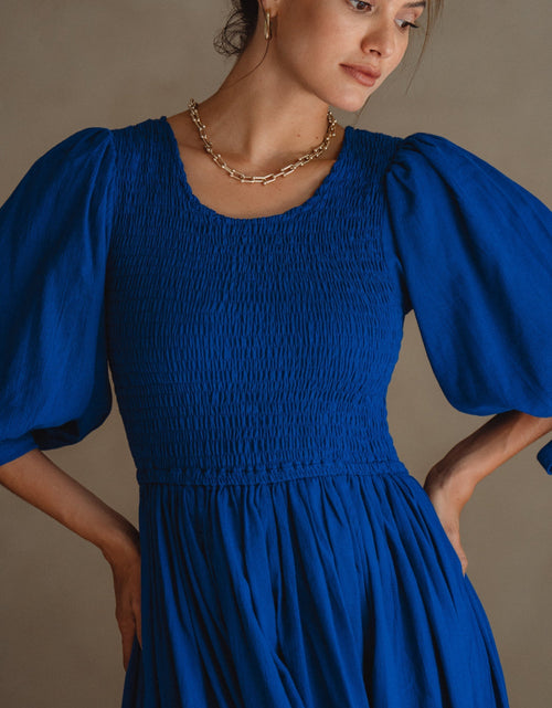 Load image into Gallery viewer, Freya Smocked Linen Midi Dress by ELF
