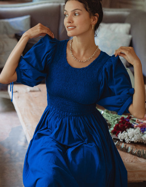 Load image into Gallery viewer, Freya Smocked Linen Midi Dress by ELF
