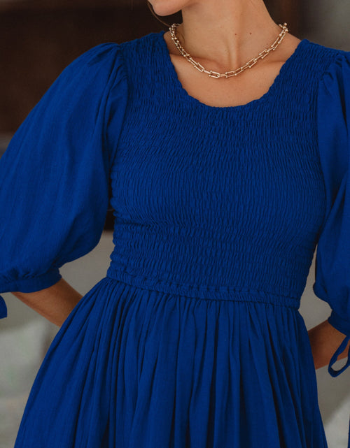 Load image into Gallery viewer, Freya Smocked Linen Midi Dress by ELF
