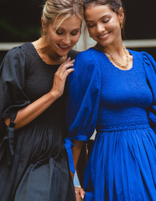Load image into Gallery viewer, Freya Smocked Linen Midi Dress by ELF
