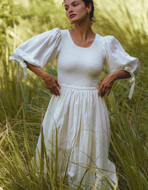 Load image into Gallery viewer, Freya Smocked Linen Midi Dress by ELF
