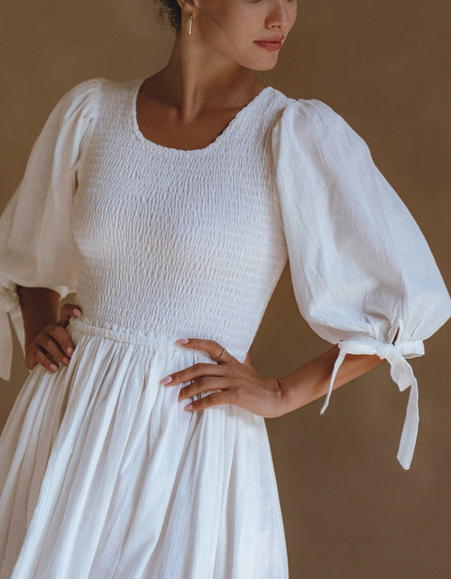 Load image into Gallery viewer, Freya Smocked Linen Midi Dress by ELF
