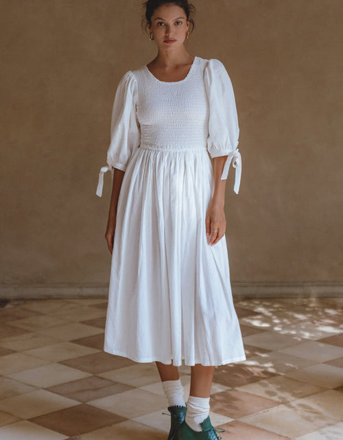 Load image into Gallery viewer, Freya Smocked Linen Midi Dress by ELF
