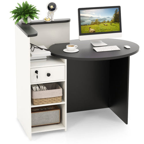 Load image into Gallery viewer, Front Reception Office Desk with Open Shelf and Lockable Drawer-Black &amp; White
