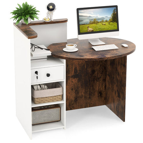 Load image into Gallery viewer, Front Reception Office Desk with Open Shelf and Lockable Drawer-Brown &amp; White
