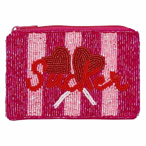 Load image into Gallery viewer, Sucker Heart Lollipop Seed Beaded Coin Bag by Madeline Love
