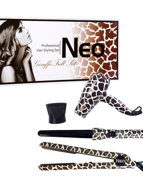 Load image into Gallery viewer, The Full Set - 1.25" Ceramic Flat Iron w/ 25-18mm Curling Wand &amp; Mini Travel Hair Dryer - Giraffe
