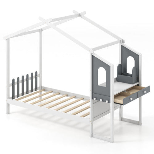 Load image into Gallery viewer, Twin/Full Bed Frame with House Roof Canopy and Fence for Kids-Full Size
