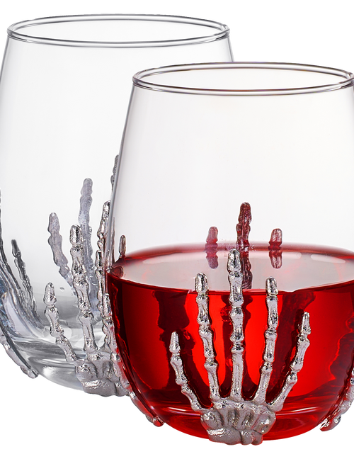 Load image into Gallery viewer, Stemless Skeleton Wine Glass | Set of 2 | 17oz Halloween Skeleton Glasses 5" H, Goth Gifts, Skeleton Gifts, Skeleton Decor, Spooky Wine Gift Set, Perfect for Halloween Themed Parties by The Wine Savant
