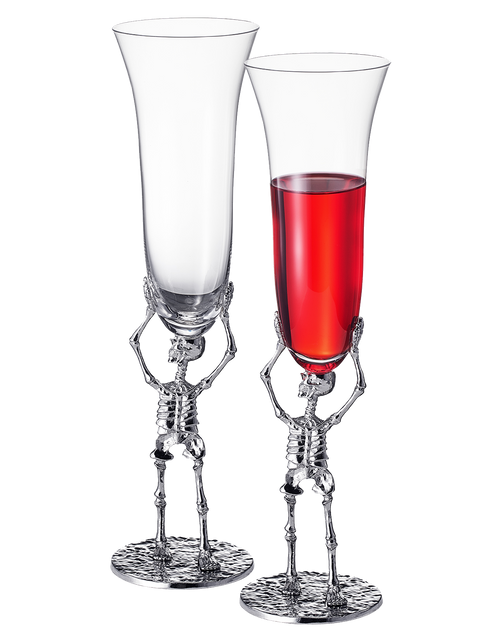 Load image into Gallery viewer, Stemmed Skeleton Champagne Flute Glass | Set of 2 | 7.5oz Halloween Skeleton Glasses 10" H, Goth Gifts, Skeleton Gifts, Skeleton Decor, Spooky Wine Gift Set, Perfect for Halloween Themed Parties by The Wine Savant
