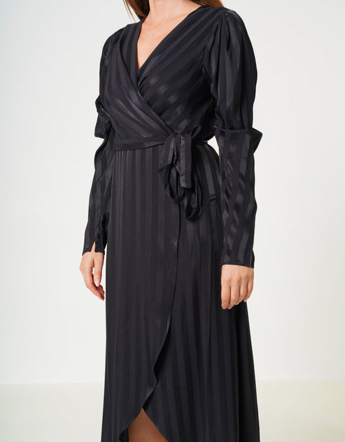 Load image into Gallery viewer, Stripe Satin Long Sleeve Mini Dress in Black by Shop at Konus
