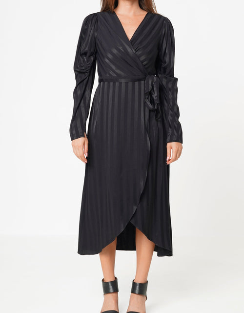 Load image into Gallery viewer, Stripe Satin Long Sleeve Mini Dress in Black by Shop at Konus

