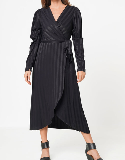 Load image into Gallery viewer, Stripe Satin Long Sleeve Mini Dress in Black by Shop at Konus
