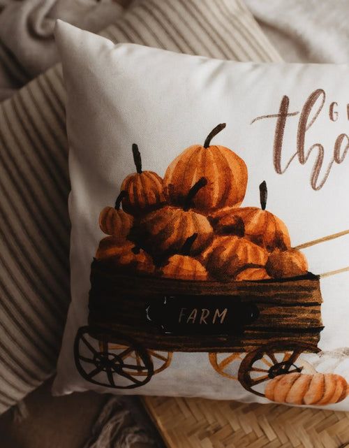 Load image into Gallery viewer, Give Thanks | Pumpkin Wagon Pillow | Farmhouse Pillows | Country Decor | Fall Throw Pillows | Cute Throw Pillow | Gift for her by UniikPillows
