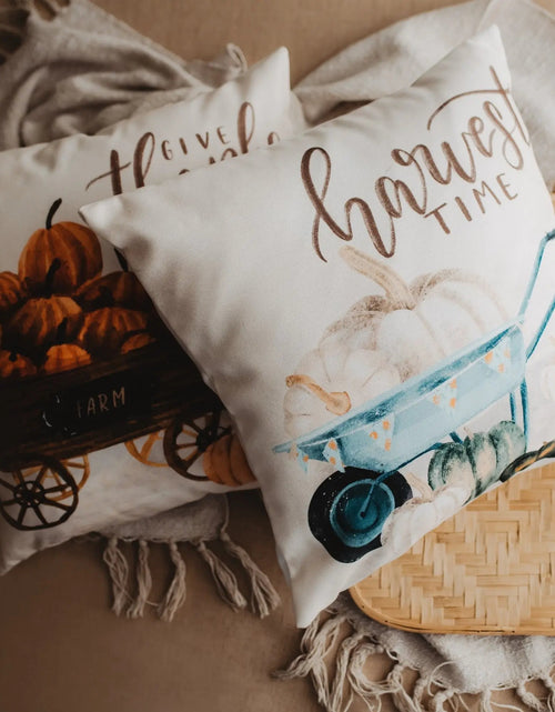 Load image into Gallery viewer, Give Thanks | Pumpkin Wagon Pillow | Farmhouse Pillows | Country Decor | Fall Throw Pillows | Cute Throw Pillow | Gift for her by UniikPillows
