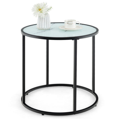 Load image into Gallery viewer, 20 Inch Glass End Table with Metal Frame and Faux Marble Glass Top-Black and White
