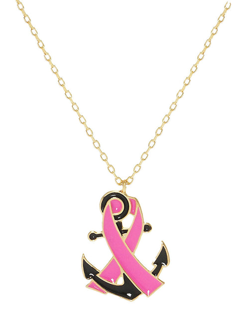 Load image into Gallery viewer, Gold Dipped Enamel Anchor Pink Ribbon Pendant Necklace by Madeline Love
