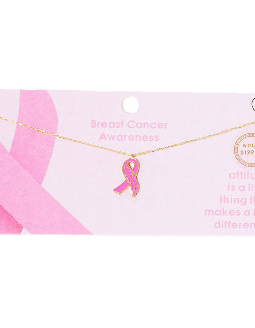 Load image into Gallery viewer, Gold Dipped Enamel Feather Detailed Pink Ribbon Necklace by Madeline Love
