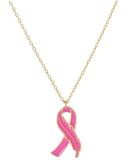 Load image into Gallery viewer, Gold Dipped Enamel Feather Detailed Pink Ribbon Necklace by Madeline Love
