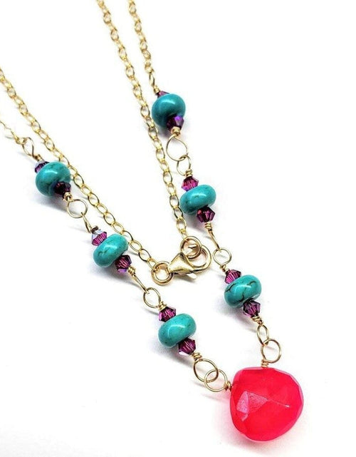 Load image into Gallery viewer, Gold Filled Pink Chalcedony Turquoise Gemstone Drop Necklace by Alexa Martha Designs
