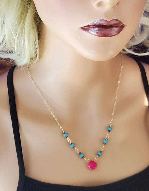 Load image into Gallery viewer, Gold Filled Pink Chalcedony Turquoise Gemstone Drop Necklace by Alexa Martha Designs
