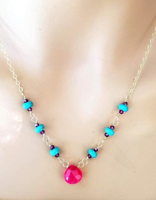 Load image into Gallery viewer, Gold Filled Pink Chalcedony Turquoise Gemstone Drop Necklace by Alexa Martha Designs

