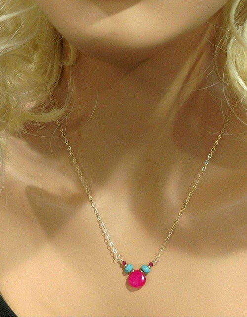 Load image into Gallery viewer, Gold Filled Turquoise and Pink Gemstone Drop Necklace by Alexa Martha Designs
